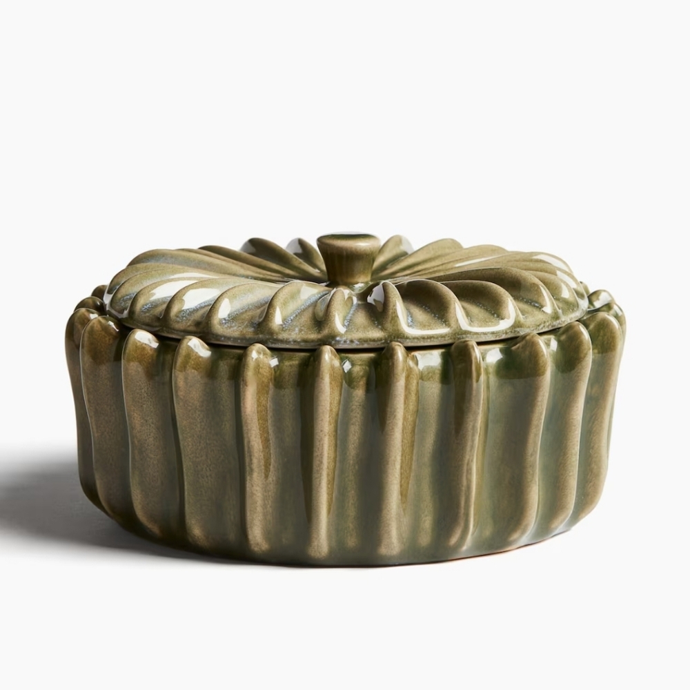 H & M Home Green Ceramic Lidded Dish Fluted Khaki Green Stoneware Holder